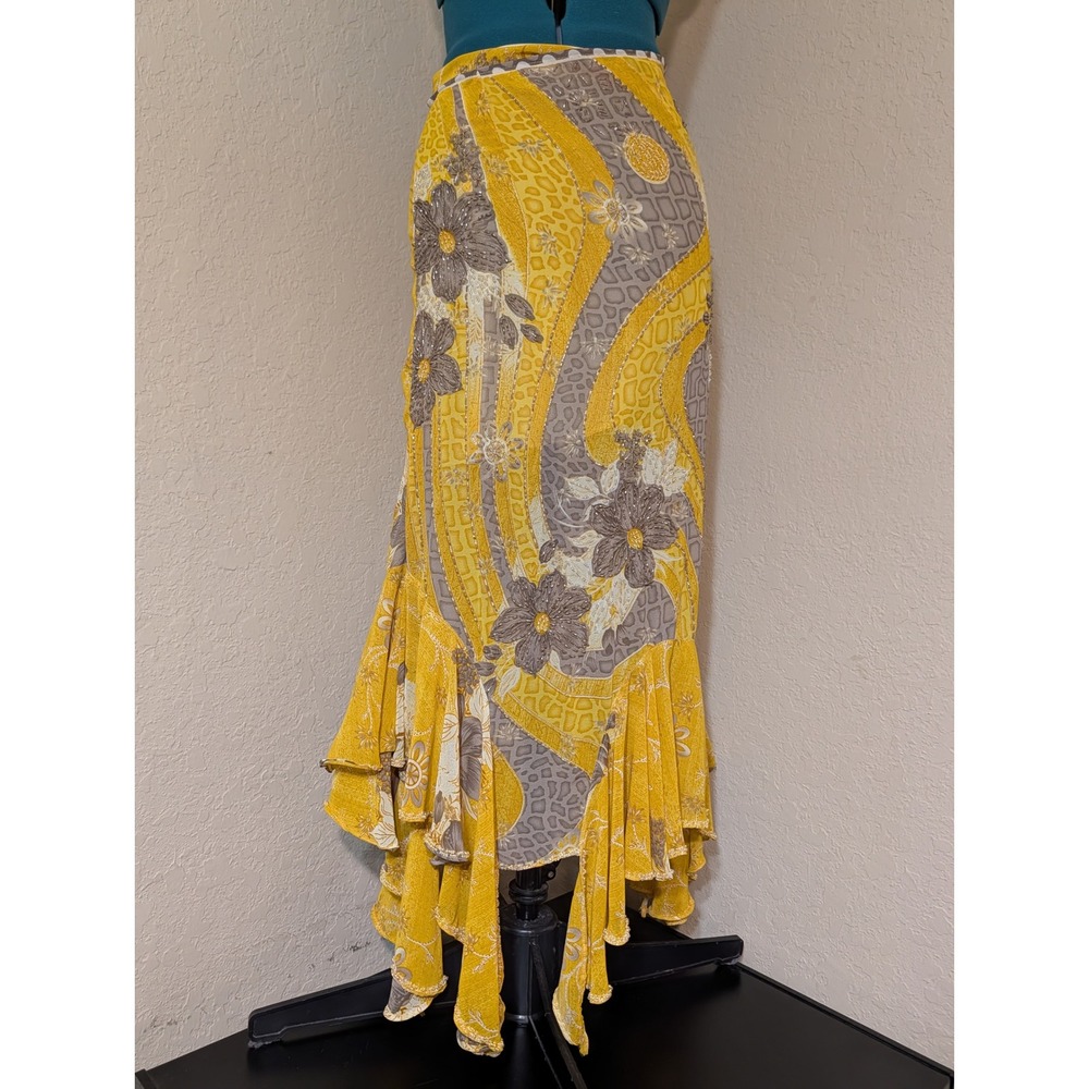 Fairy Beaded Floral Mermaid Maxi Skirt Womens Fits Small Yellow Ruffle Hem Y2K